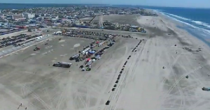 Aerial videography drone WeatherboyOne captured the scene high over Wildwood as Jeeps began to enter the beach for a prior NJ Jeep Invasion Event. Image: Weatherboy