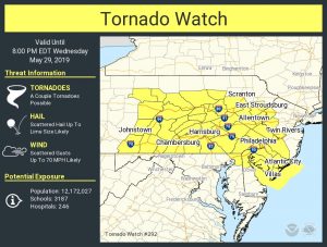 The National Weather Service's Storm Prediction Center has issued a Tornado Watch for the area in yellow. Image: NWS