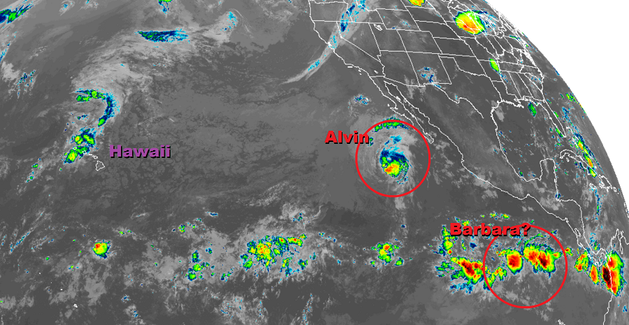 The latest GOES-West weather satellite shows the current location of Tropical Storm Alvin. It also shows an area where the next tropical cyclone is expected to form; the next named system would be called Barbara. Image: NOAA