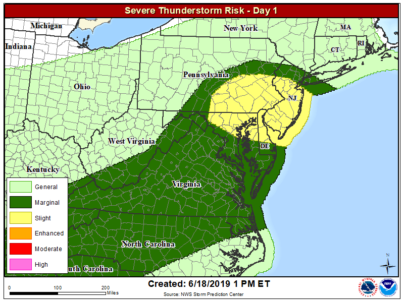 The National Weather Service's Storm Prediction Center believes the best chance for severe storms today is over much of New Jersey and Delaware, southeastern Pennsylvania, and northeastern Maryland. Image: NWS