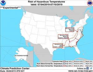Temperatures may warm enough to be hazardous in parts of the eastern U.S. during the upcoming holiday week. Image: NWS