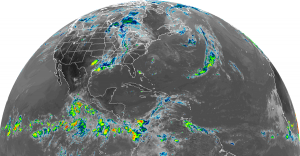 The latest view of North America from the GOES-East weather satellite shows a lack of tropical cyclones in both the Pacific and Atlantic oceans. Image: NOAA