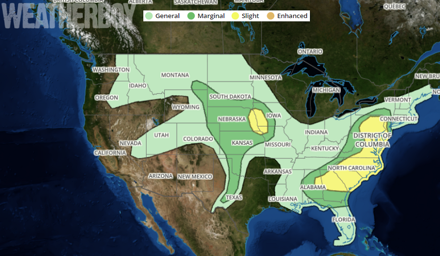The National Weather Service's Storm Prediction Center Convective Outlook for tomorrow shows the threat of severe weather extends down the eastern U.S> into Georgia and South Carolina.  Image: weatherboy.com
