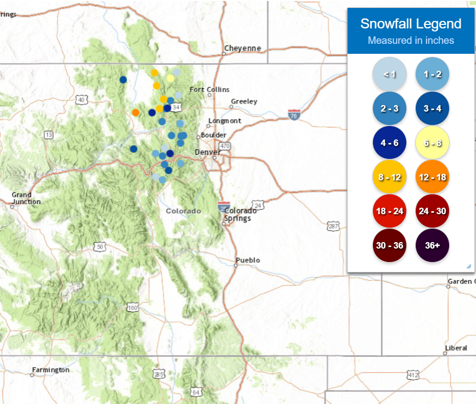 The heaviest snow is northwest of Denver. Image: NWS