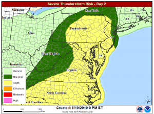 The area in yellow could see severe thunderstorms tomorrow, with the greatest threat between 11am and 8pm. Image: NWS