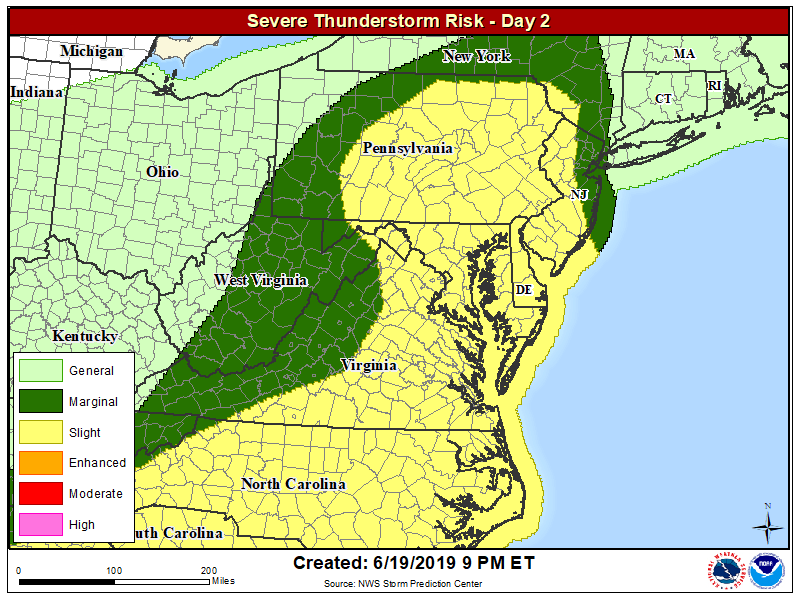 The area in yellow could see severe thunderstorms tomorrow, with the greatest threat between 11am and 8pm. Image: NWS