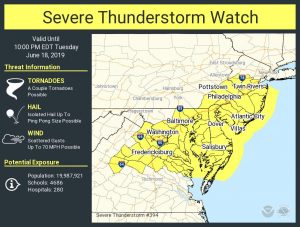 The National Weather Service has issued a Severe Thunderstorm Watch for the area in yellow through  10pm tonight.  Image: NWS