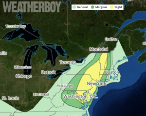 The yellow area on the Convective Outlook reflects where the greatest chance for severe weather is on Sunday. Image: weatherboy.com