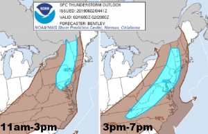 Thunderstorms will slice through the northeast during the morning and afternoon hours today. The blue area reflects the best time frame thunderstorms will impact those areas. Image: NWS