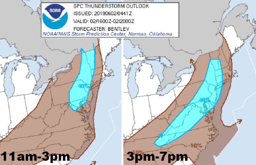 Thunderstorms will slice through the northeast during the morning and afternoon hours today. The blue area reflects the best time frame thunderstorms will impact those areas. Image: NWS