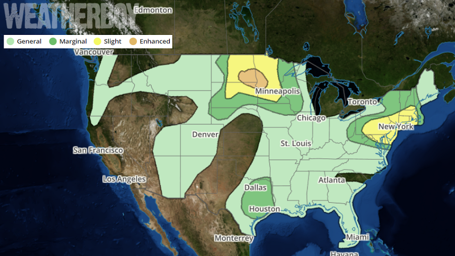 Severe weather is likely today over portions of the Mid Atlantic and southern New England as well as the Upper Plains. Image: Weatherboy.com