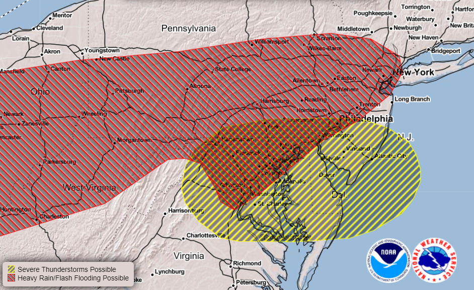 The red area could see flooding rains today while the yellow area could see severe thunderstorms. Portions of the Mid Atlantic could see the two threats overlap. Image: NWS