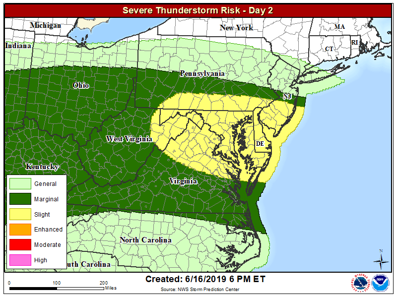 Another round of severe thunderstorm activity is possible in the Mid Atlantic on Monday. Image: NWS