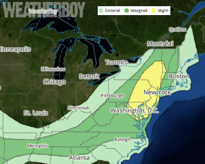 The latest convective outlook shows an area in yellow where severe thunderstorms are most likely later today. Image: weatherboy.com