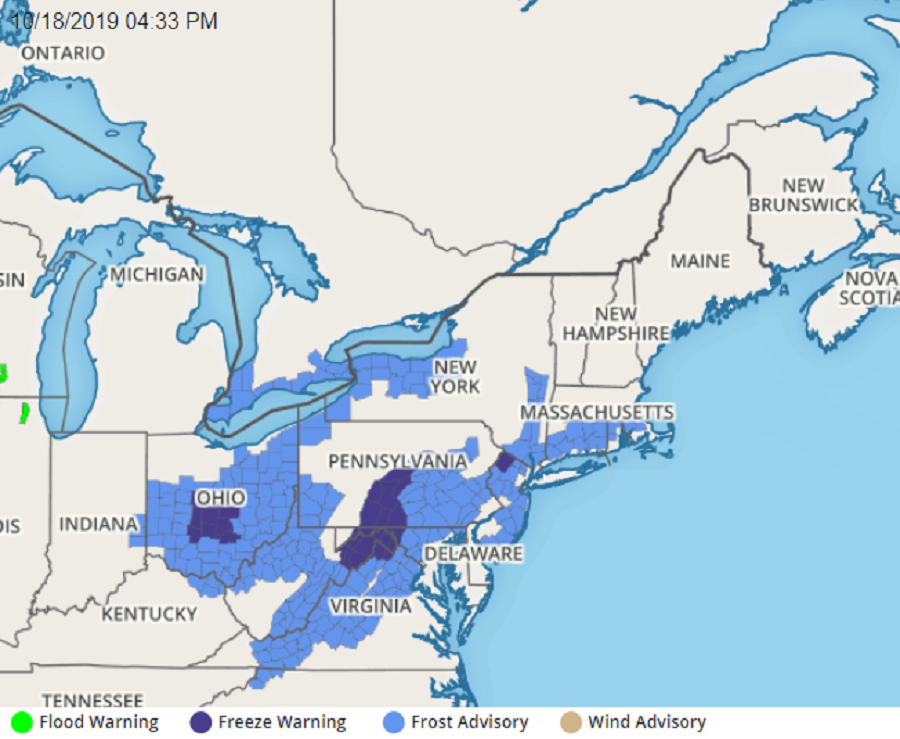 Frost Advisories in Light Blue and Freeze Warnings in Dark Blue have been issued by the National Weather Service.  Image: weatherboy.com