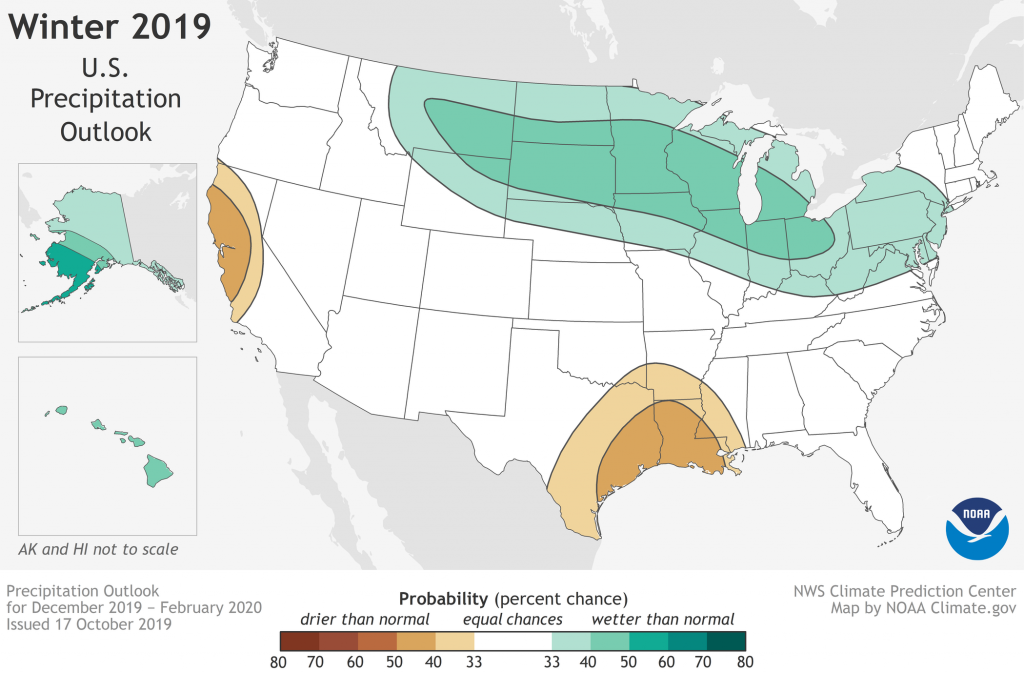 Portions of the northern continental U.S. should see more precipitation than usual; the same is true for Hawaii. Image: NOAA