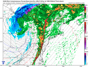 A potent line of storms is modeled to form across the northeast and Mid Atlantic tonight. This is the simulated RADAR view for 9pm tonight. Image: tropicaltidbits.com