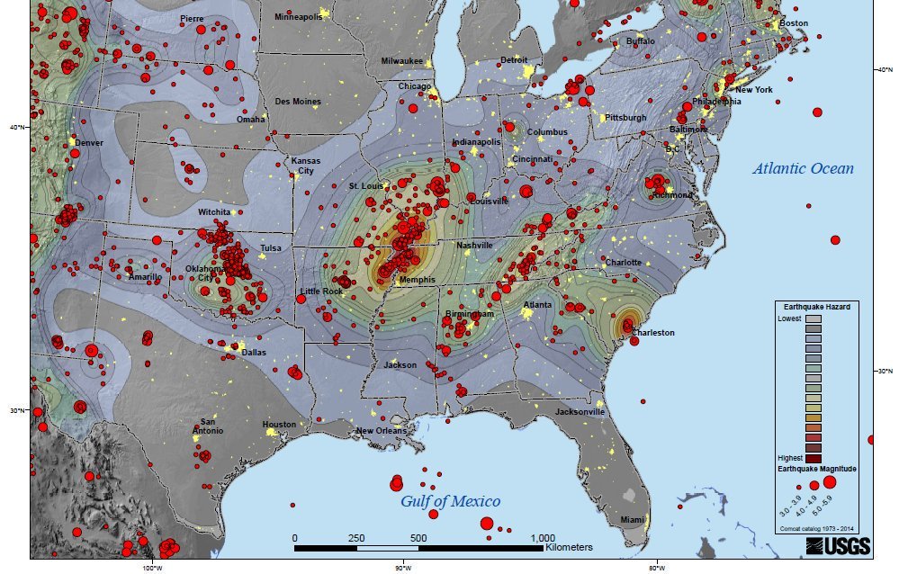 California doesn't have a monopoly on earthquakes; some of the biggest "hotspots" for quake activity are in the eastern half of the United States. Image: USGS