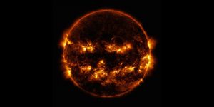 In October 2014, active regions on the sun gave it the appearance of a jack-o'-lantern. This image is a blend of 171 and 193 angstrom light as captured by NASA's Solar Dynamics Observatory. Image: NASA / GSFC / SDO