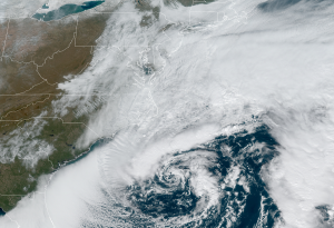 The latest GOES-East weather satellite view of a potent coastal storm that continues to gains strength just off-shore the U.S. East Coast. Image: NOAA