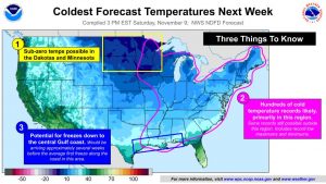 The National Weather Service has three areas of cold weather concern in the United States next week. Image: NWS