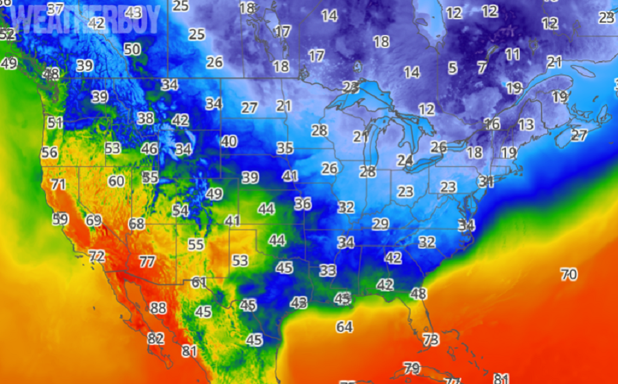 The current temperature map, as of 7pm, shows cold temperatures taking hold of much of the northern and eastern portions of the country. Image: weatherboy.com