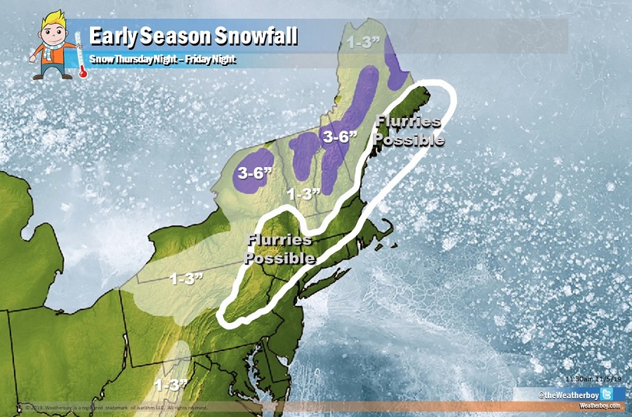 Snow is expected to fall in the northeast from late Thursday into late Friday. Image: weatherboy.com