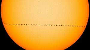 NASA's Solar Dynamics Observatory saw Mercury transit the Sun in 2016, as this merged photograph shows Mercury move across the sun. Image: NASA