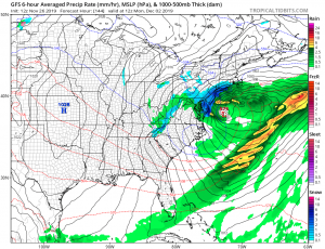 After the Thanksgiving Day low departs, a coastal snowstorm could take shape by Sunday/Monday, as the latest American GFS forecast model suggests.  Image: tropicaltidbits.com