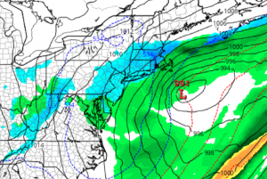 Different computer forecast models, including the American GFS, Canadian CMC, and European ECMWF all call for a snowy end to the Thanksgiving Holiday Weekend in portions of the northeast. This particular model run is the latest Canadian forecast model. Image: tropicaltidbits.com