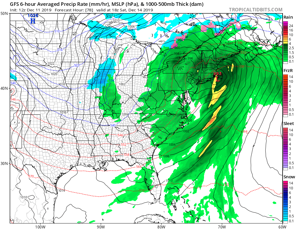 Milder air will produce rain instead of snow throughout the northeast this weekend, as the American GFS forecast model suggests in this rendering. Image: tropicaltidbits.com