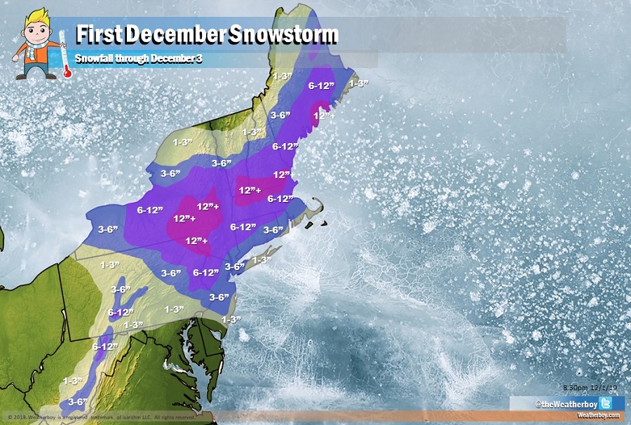 Heavy snow will fall in the northeast on Monday into Tuesday. Image: weatherboy.com