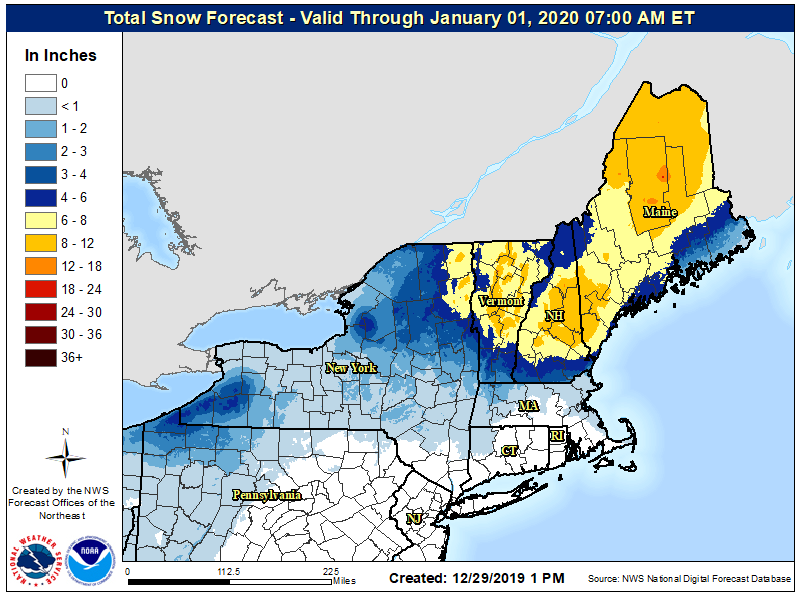 Portions of New Hampshire, Vermont, and Maine could see accumulating snowfall in what's left of 2019. Image: NWS