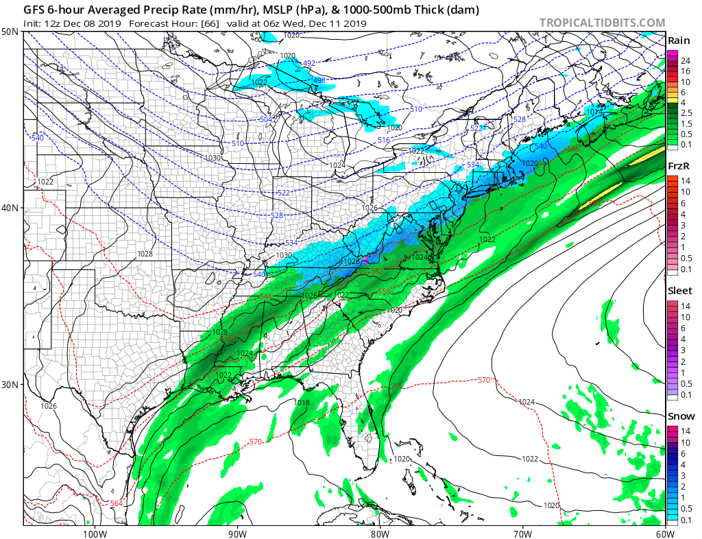 The blue on this simulated RADAR map generated by American GFS forecast model shows rain changing to snow on Wednesday in portions of the Eastern U.S. Image: tropicaltidbits.com