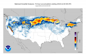 Snow accumulations through Tuesday morning for the last 72 hours across the United States. Image: NOAA