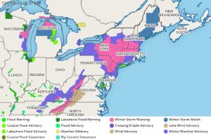 The area under a Winter Storm Warning in hot pink has expanded further south.  Image: weatherboy.com