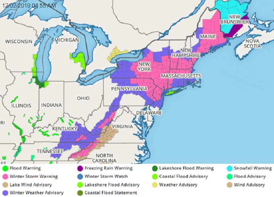 The bright pink areas are under Winter Storm Warnings due to today's expected wintry weather. Image: weatherboy.com