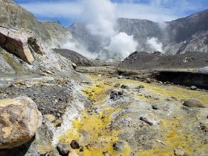 Out of this world: the landscape inside the White Island volcano is an usual one, with boiling streams, boiling mud, and toxic plumes of sulfur staining the area bright yellow. Image: Weatherboy