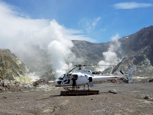 Weatherboy's helicopter lands on the floor of the White Island volcano in this 2017 photograph. Image: Weatherboy