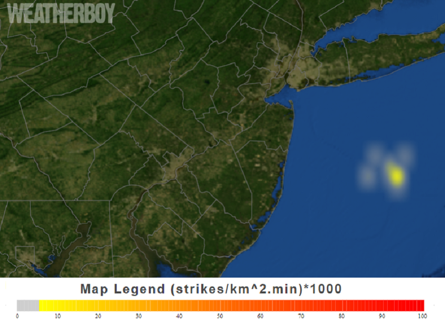 An area of lightning is expanding just east of the Jersey Shore. This area could rotate west into portions of New Jersey and New York.  Image: weatherboy.com
