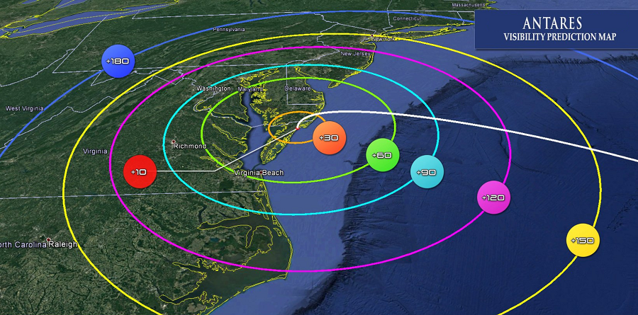 When it launches in February, the Antares rocket should be visible in the night sky over a large area of the Mid Atlantic, weather permitting. Image: NASA