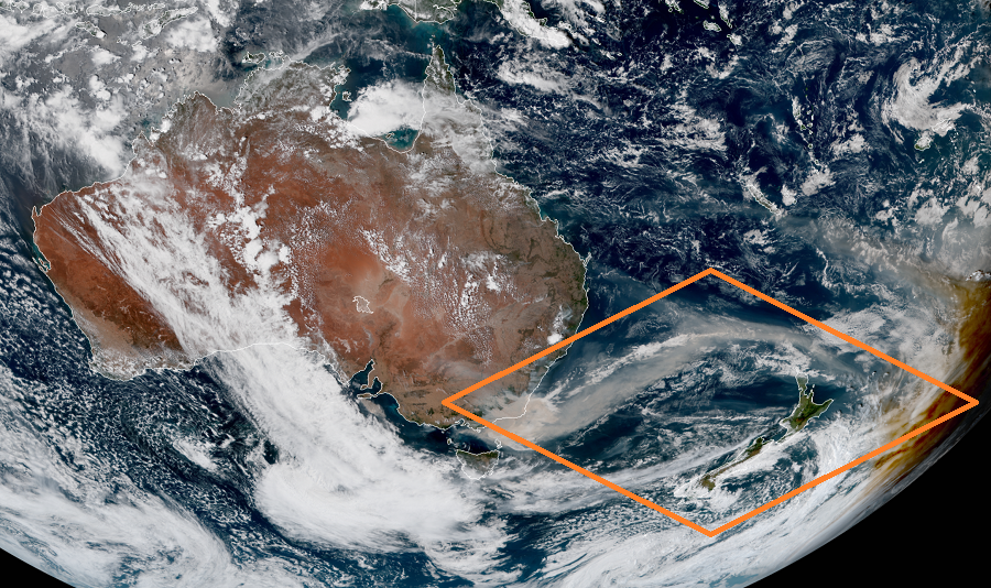 A weather satellite view not only shows clouds over central Australia and southern New Zealand, but a huge amount of smoke being generated by wildfires in eastern Australia. Image: NOAA