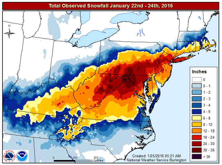 The Blizzard of 2016 dropped very heavy snow over portions of the Mid Atlantic and Northeast. Image: NWS