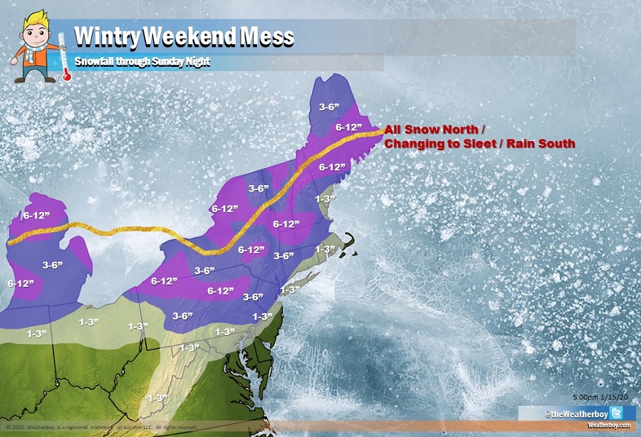 A storm system will bring moderate to heavy snow over portions of the northeast this weekend. Over the southern half of the storm, snow will change over to non-snow precipitation. Image: Weatherboy