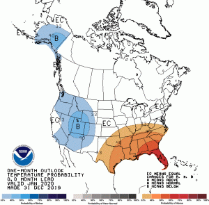 While temperatures are expected to be below normal for portions of the west and Alaska, the southeast will see above-normal temperatures. Image: NOAA
