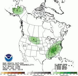 The NOAA outlook suggests portions of the eastern United States will see more precipitation than normal.  Image: NOAA