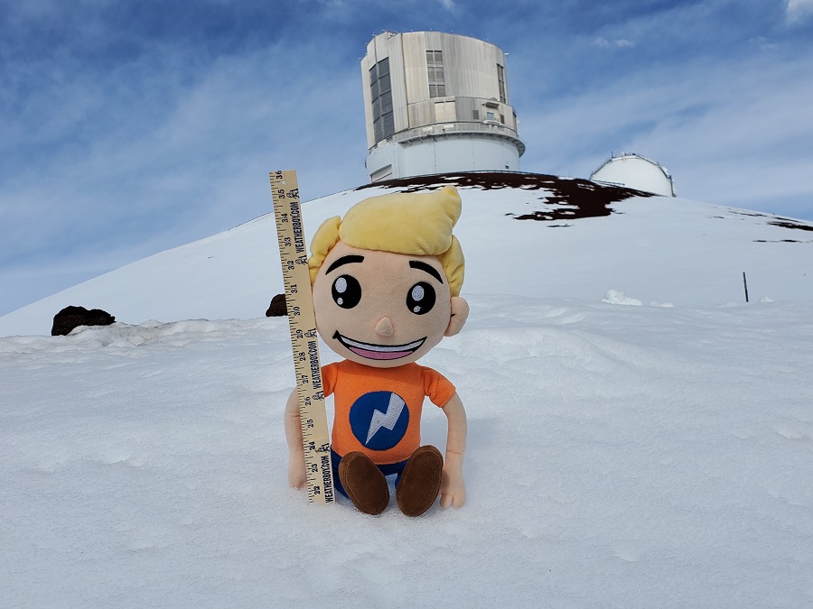 A Weatherboy mascot next to a yardstick at one of the sites snow was measured. Generally, snow was 12-23" deep around the summit area, with some snow drifts in excess of 3 feet deep. Image: Weatherboy