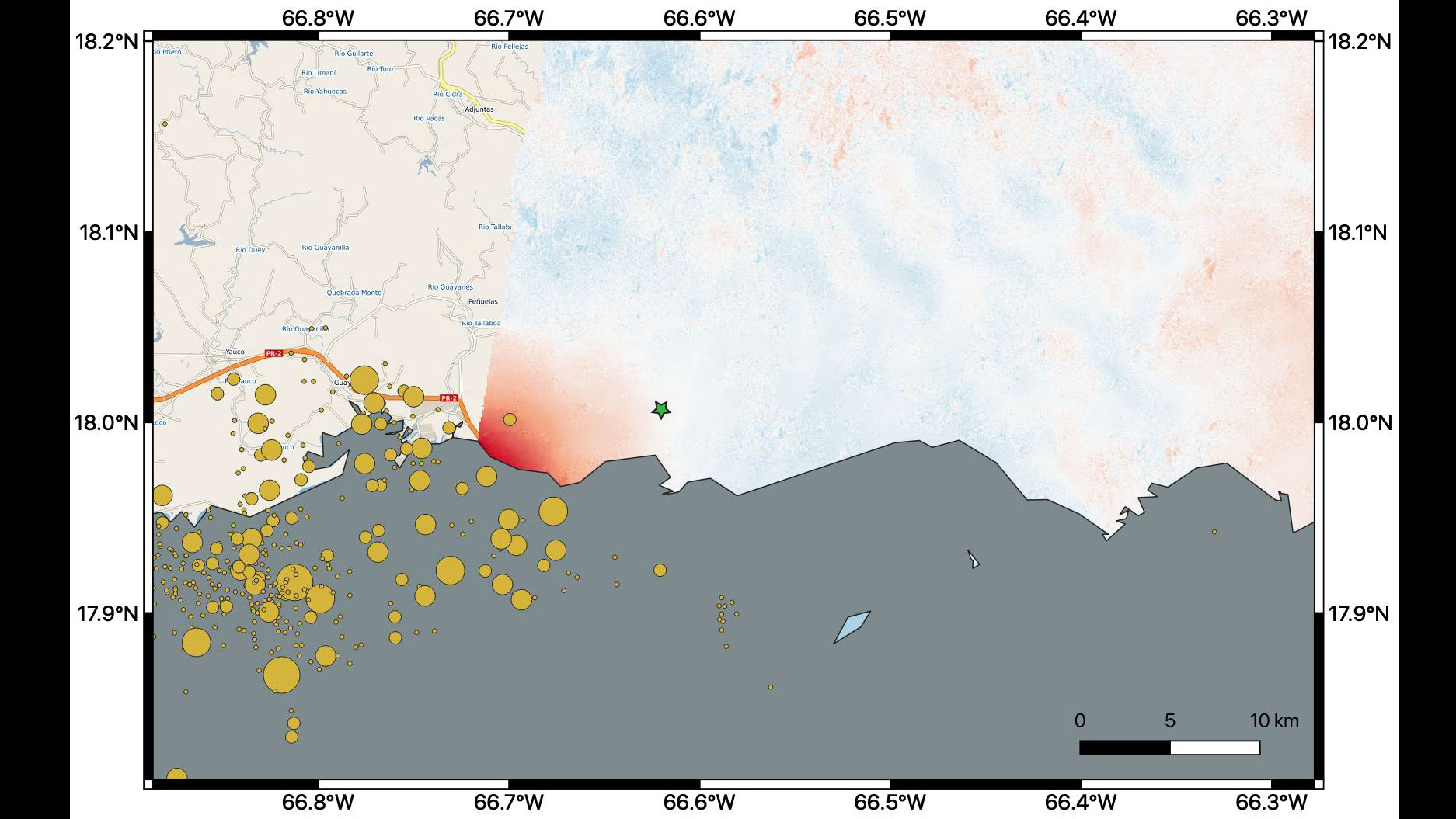 This map shared by NASA's Jet Propulsion Laboratory shows ground changes, or displacement, on the eastern two-thirds of Puerto Rico following a 6.4-magnitude earthquake. The ground shifted up to 5.5 inches in a downward and slightly west direction. Image: NASA/JPL-Caltech, ESA, USGS