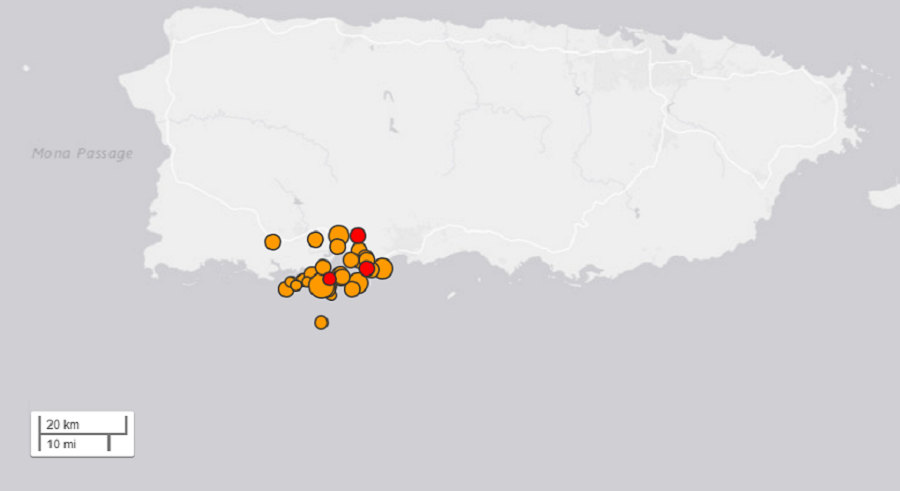 A series of earthquakes continue to rock southwest Puerto Rico today, putting much of the island in the dark. Image: USGS