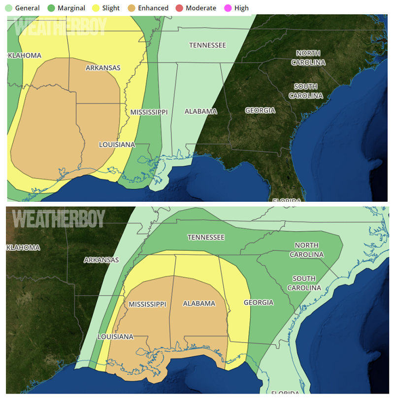 A severe weather outbreak is expected in the next 24-48 hours.  Image: weatherboy.com